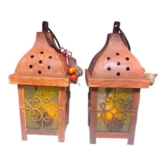 Hand Crafted Decoupaged and Hand-Painted Candle Metal Lanterns Set of 2 Lamps - Picture 6 of 11